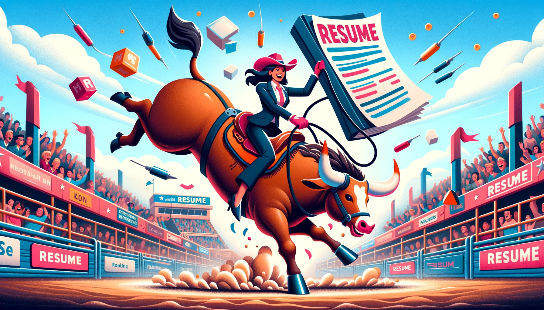 A cartoon-style image of a woman in a suit and cowboy hat on a bucking bronco at a rodeo. While she holds on, she is holding up a stack of papers with the topmost saying “resume”. The crowd is cheering.